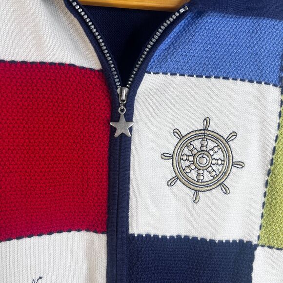 Nautical Embroidered Beaded Zip Up Short Sleeve Sweater Alfred Dunner Size Small - Picture 4 of 10